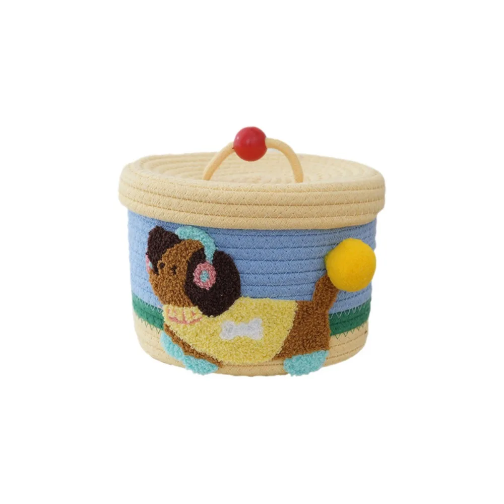 

Cartoon Cotton Rope Storage Basket Round with Cover Hand Gift Box Decorative Dachshund Pattern Hand Woven Basket Desktop Storage