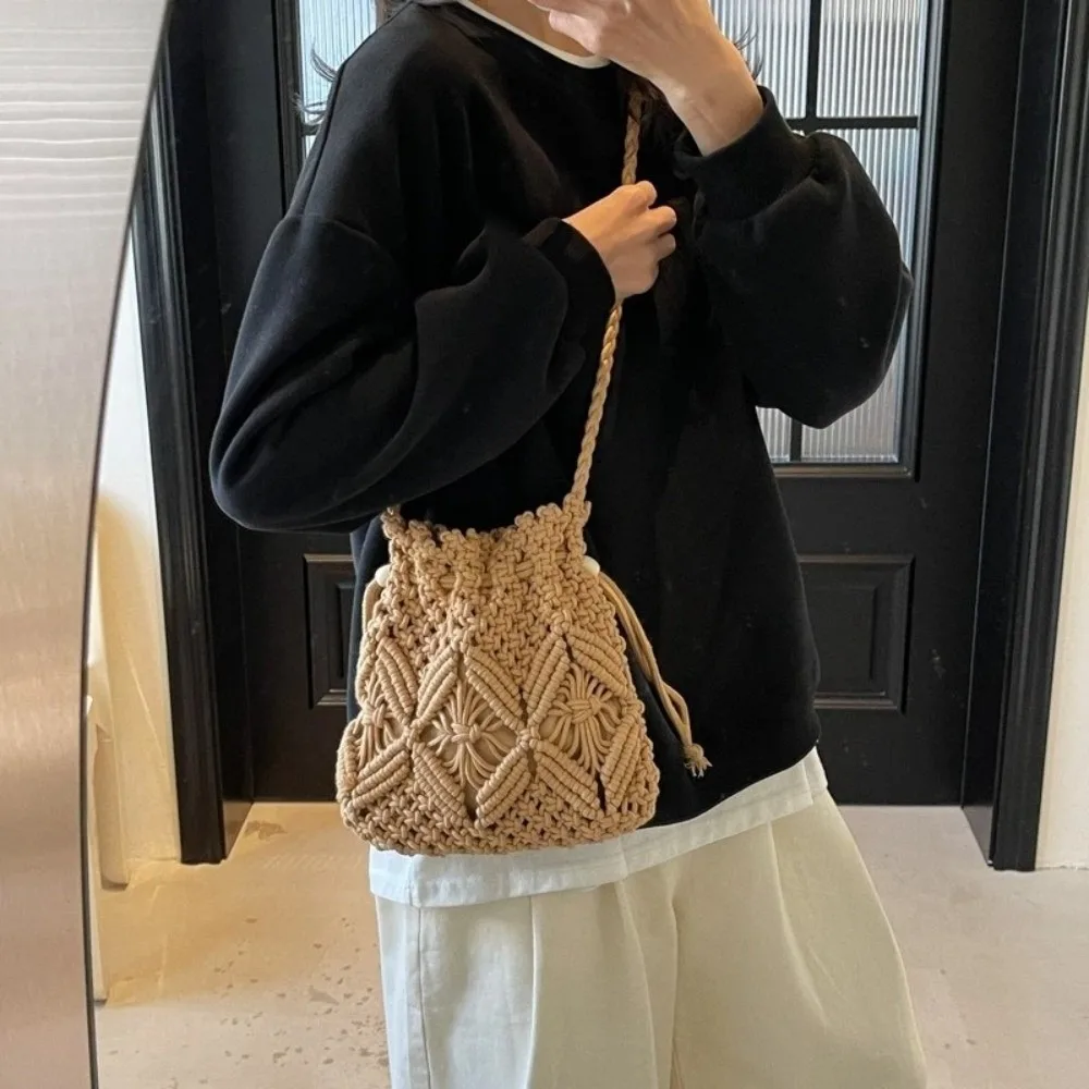 

Small Fresh Style Woven Beach Bag Hollow Out Large Capacity Bucket Handbag Lightweight Natural Straw Drawstring Crossbody Bag