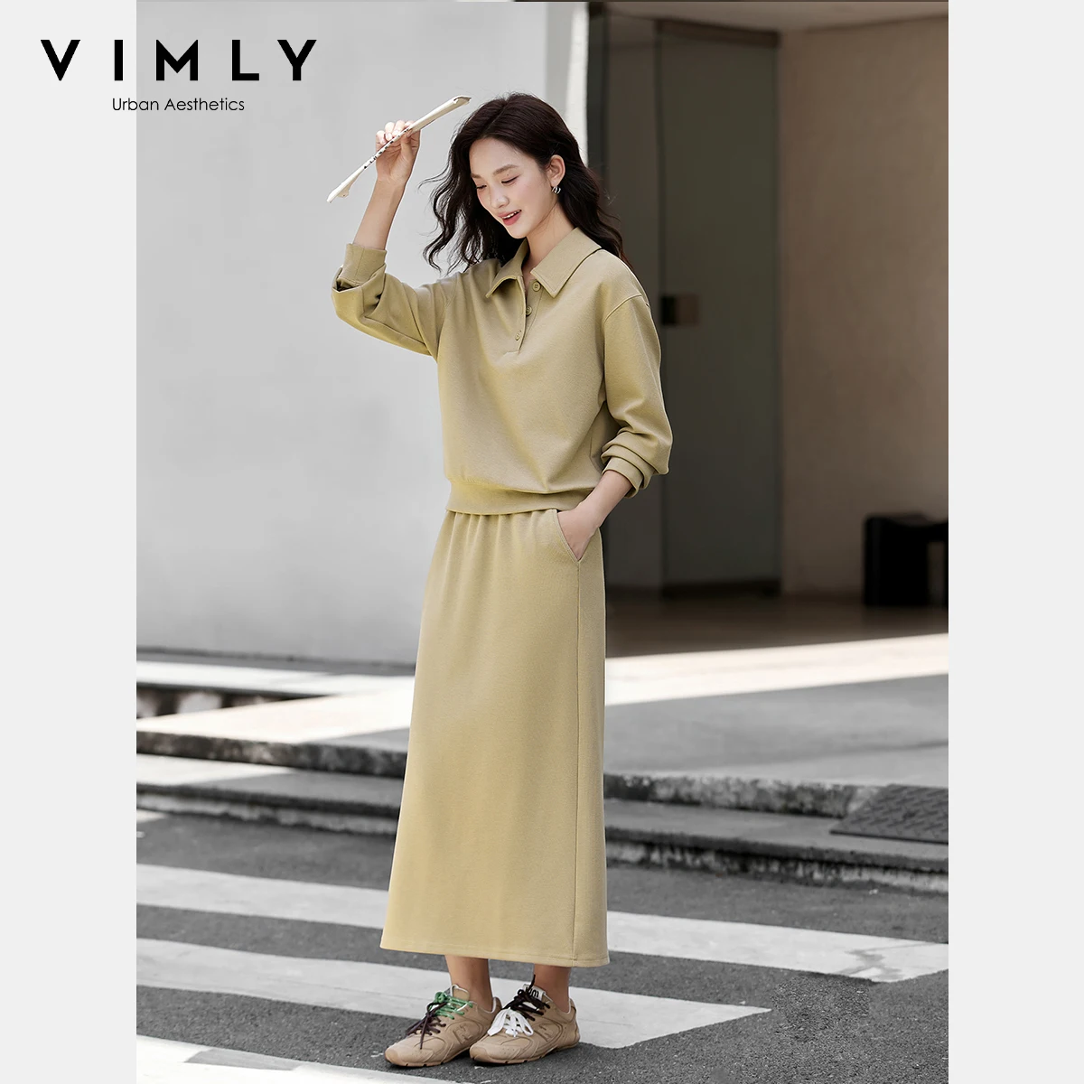 

VIMLY Woman 2 Piece Skirt Suit 2025 Spring Autumn Sporty Loose Sweatshirt Long Skirts Casual Matching Set Women's Clothing A2188