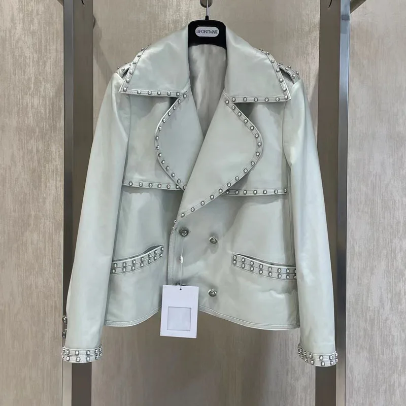 

Genuine Leather Jacket Turn-Down Collar Pearl Rivet Short Length Women Coat Spring New Arrival New Fashion Clothes2024