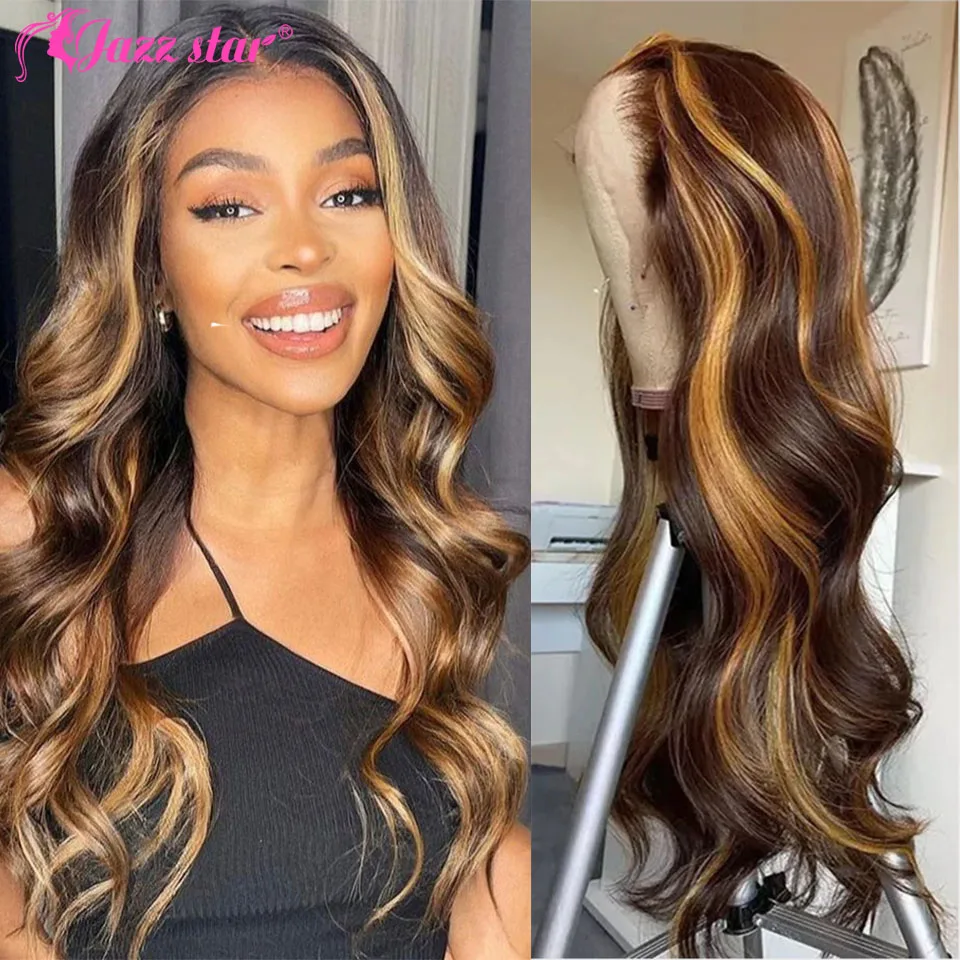 

Brown With Honey Blonde Highlights Wigs Body Wave HD Transparent Brazilian #P4/27 Ombre 13x4 Lace Frontal Human Hair Wig