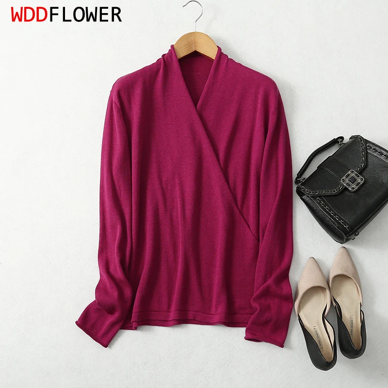 Kobiety 85% jedwab 15% kaszmirowy krzyż dekolt codzienny sweter z długim rękawem sweter zimowy elegancki Top Shirt LY024