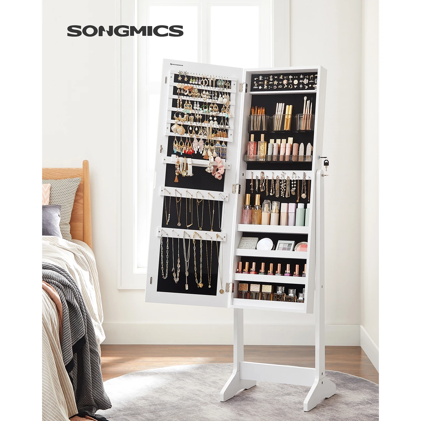 SONGMICS Jewelry Cabinet Armoire, Lockable Storage with Cosmetic Storage, Full-Length Mirror, Necklace Earring Organizer, White