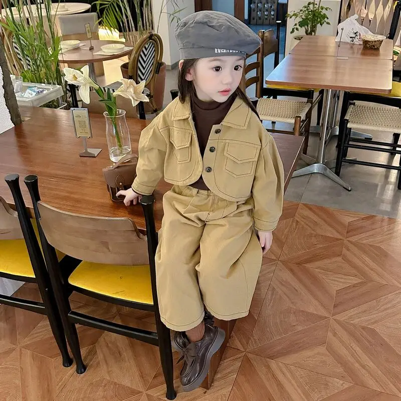 

90-140cm Girls' Spring and Autumn Set 2025 New Children's Stylish Jacket+T-shirt+Pants Three Piece Set