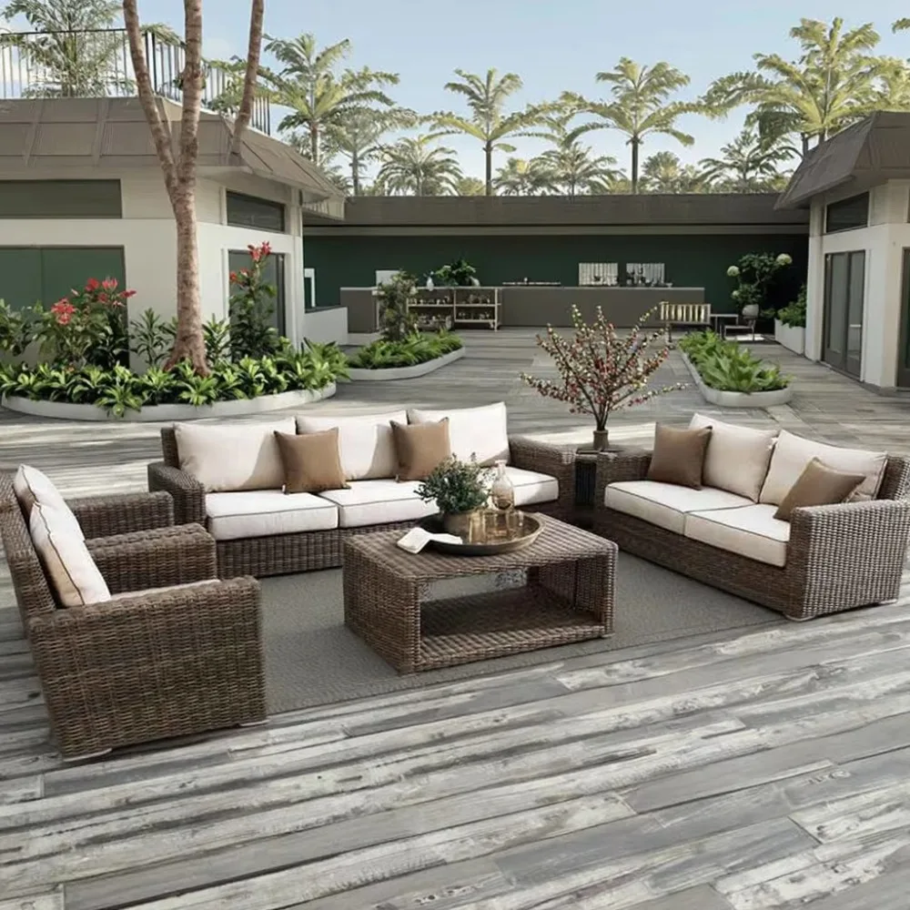 

Modern Outdoor PE Rattan Furniture Set Wood Coffee Table & Balcony Living Room Sofas Patio Villa Courtyard Hotel Leisure Garden