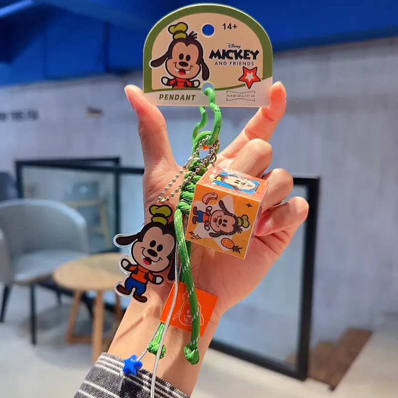 Genuine Disney Goofy Keychain Magic Cube Anime Action Figure Toy Acrylic Pendant Handmade Braided Rope Keyring Festival Birthday