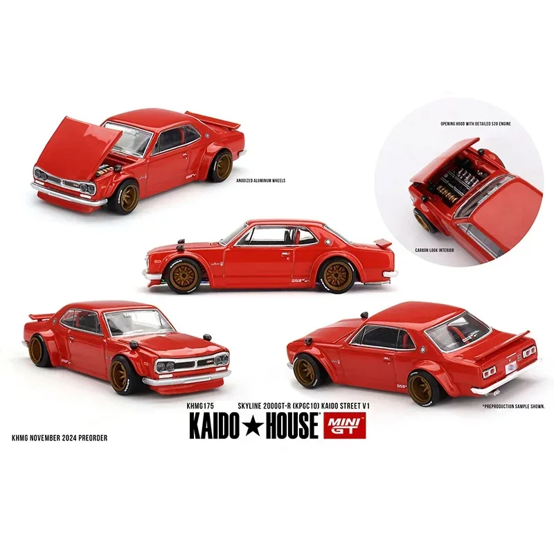 MINIGT KHMG 175 متوفر في المخزون 1:64 Skyline 2000 GTR KPGC10 Street V1 غطاء محرك السيارة القابل للفتح دييكاست نموذج سيارة Kaido House
