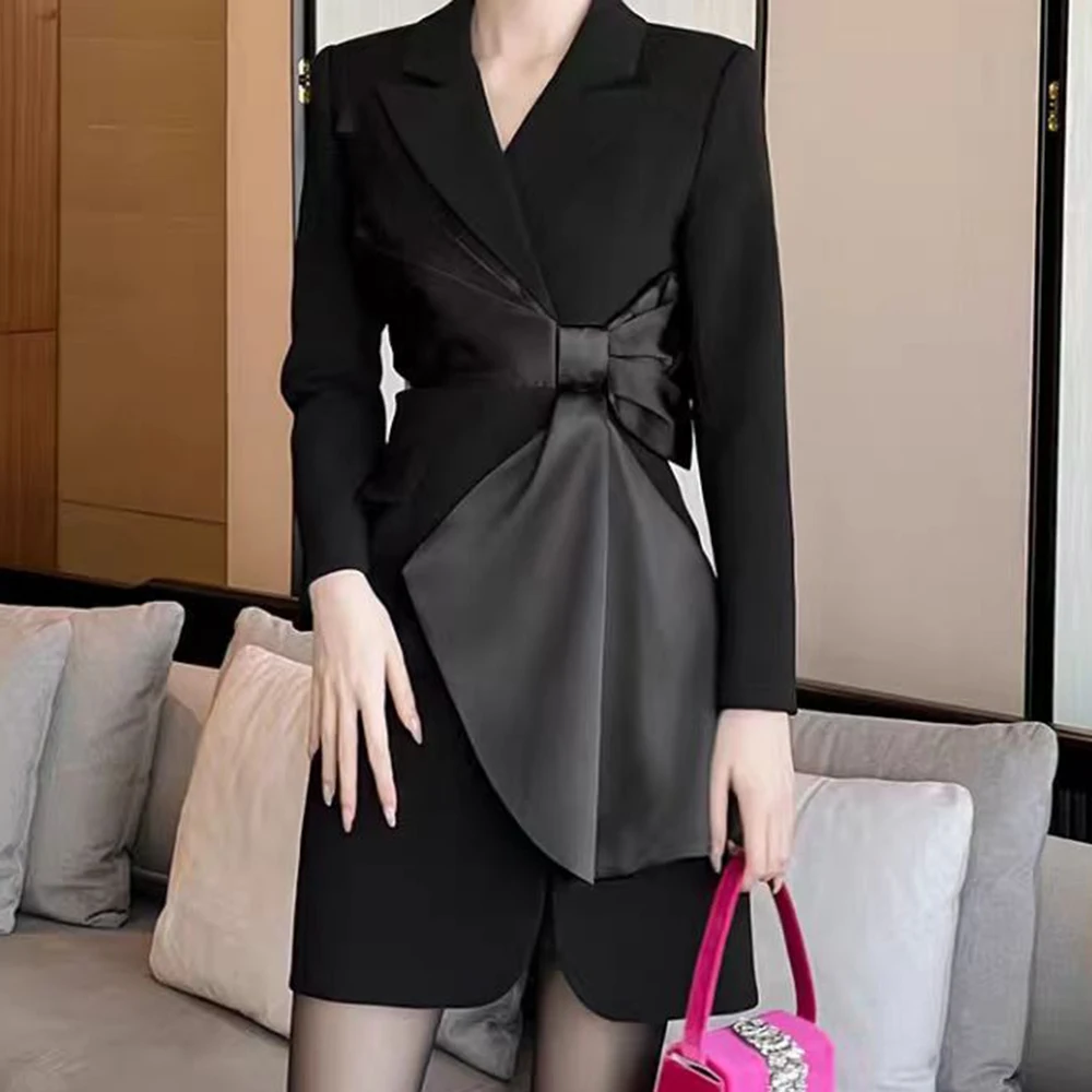 

2025 spring new light luxury aura strong women's clothing fat mm senior light mature style black diagonal suit dress