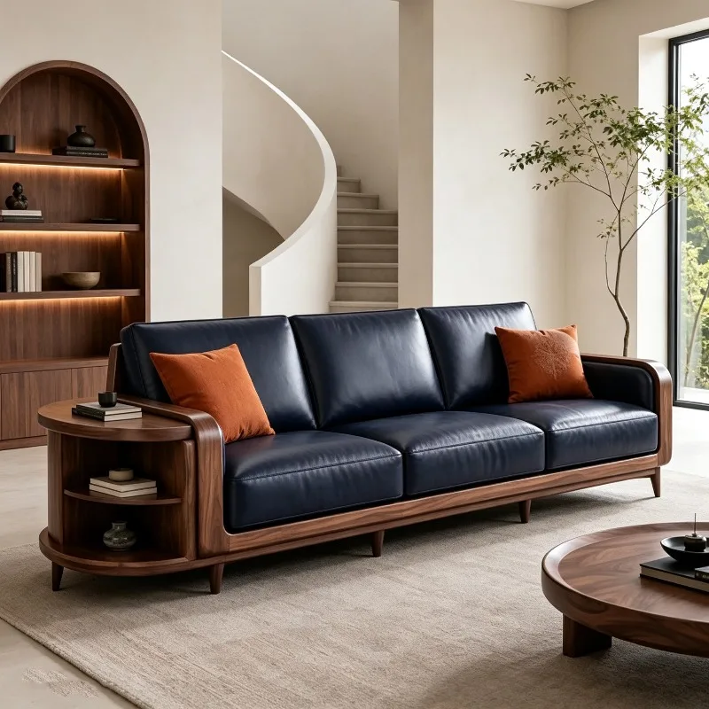 New Chinese-style solid wood sofa three-person high-end leather living room black walnut straight-row storage sofa 2026 new