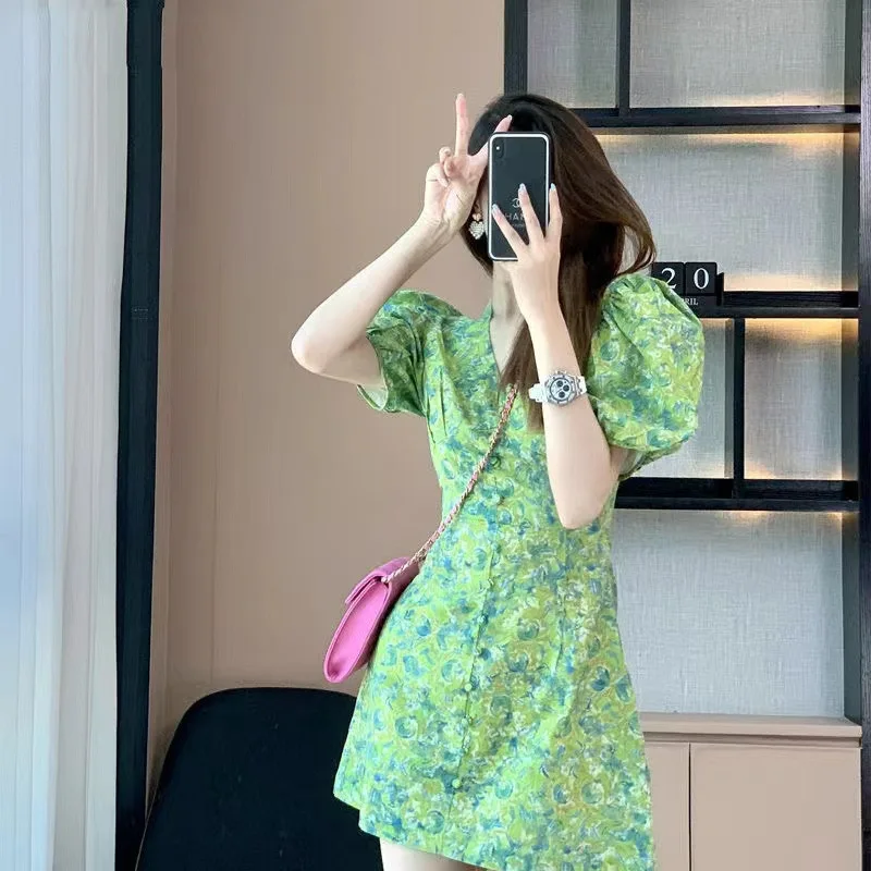 

Spring 2024 Green Floral Print Dress Women's Bubble Sleeve Commute Style mid Waist A-Line Short Dress Polka Dot Pattern