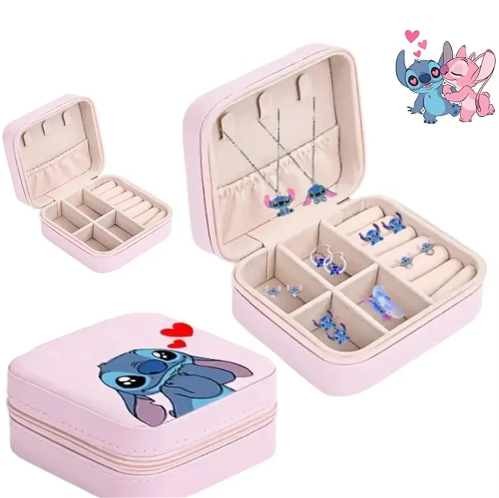 Disney Stitch Portable Mini Jewelry Storage Box Travel Organizer Jewelry Case Leather Earrings Necklace Ring Jewelry Storage Box