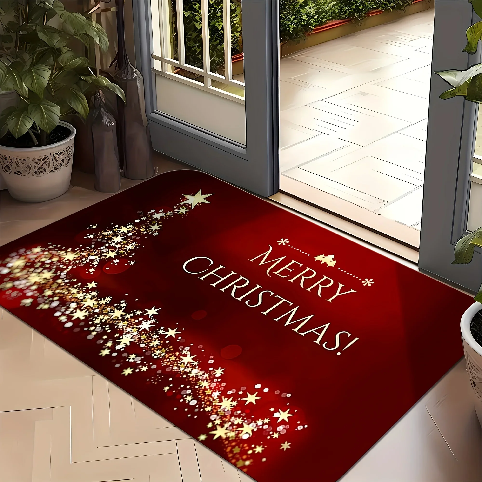 1pc Festive Christmas Welcome Mat - Non-Slip, Machine Washable Polyester Mat with Sparkling Star & Snowflake Design,Christmas