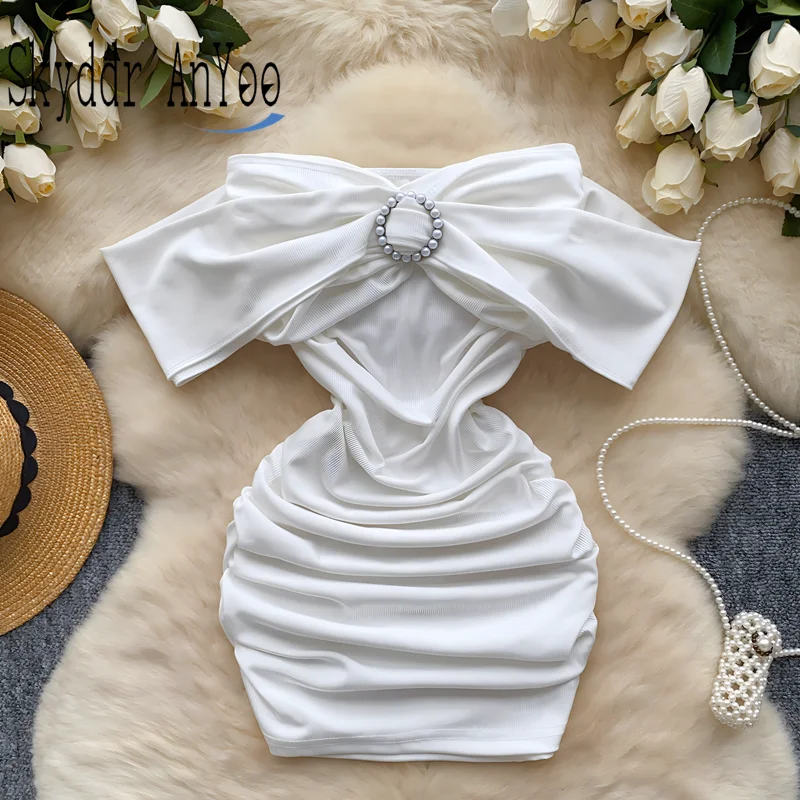 Women Sleeveless Strapless Sexy Party Dresses 2024 Vestidos Slim Bodycon Mini Short Dresses Pleated White Chic Female Dress