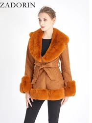 ZADORIN Winter Jacket Women 2024 Big Fur Collar Suede Faux Fur Coat With Belt Thick Warm Fur Lining Cardigan Women Coat Fur Tops