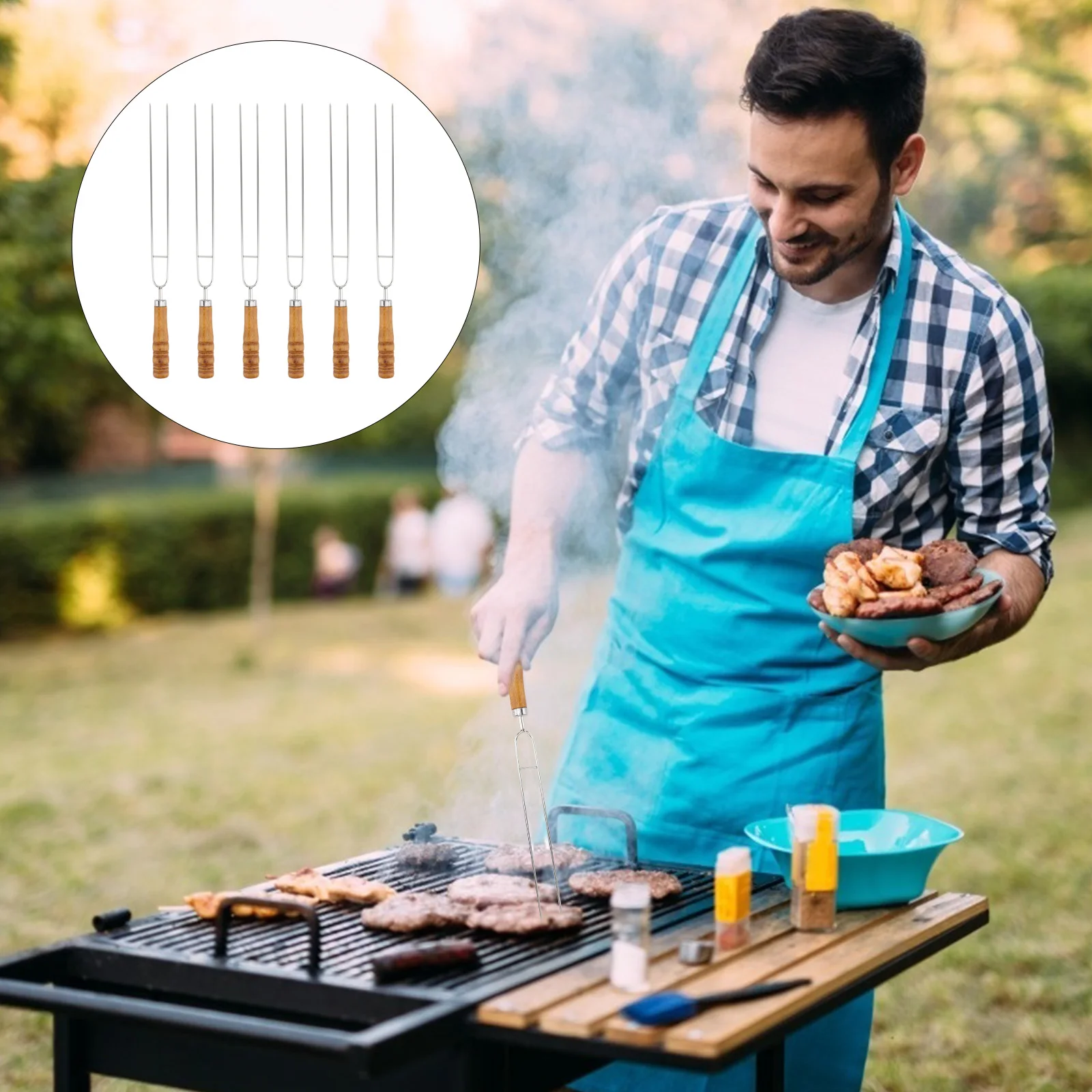

6pcs Stainless Steel Skewers Reusable Eco Friendly BBQ Camping Utensils Grilling Roasting Forks Barbecue Sticks