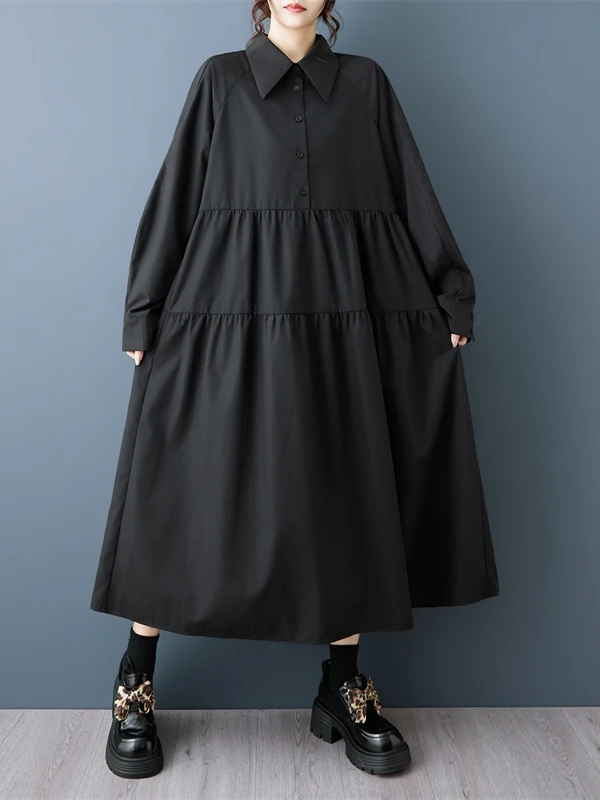 Dark Style Splicing Shirt Dress with Pleats Age Reduction 3/4 Length Sleeve Women's Autumn New Brand Fashion Dress