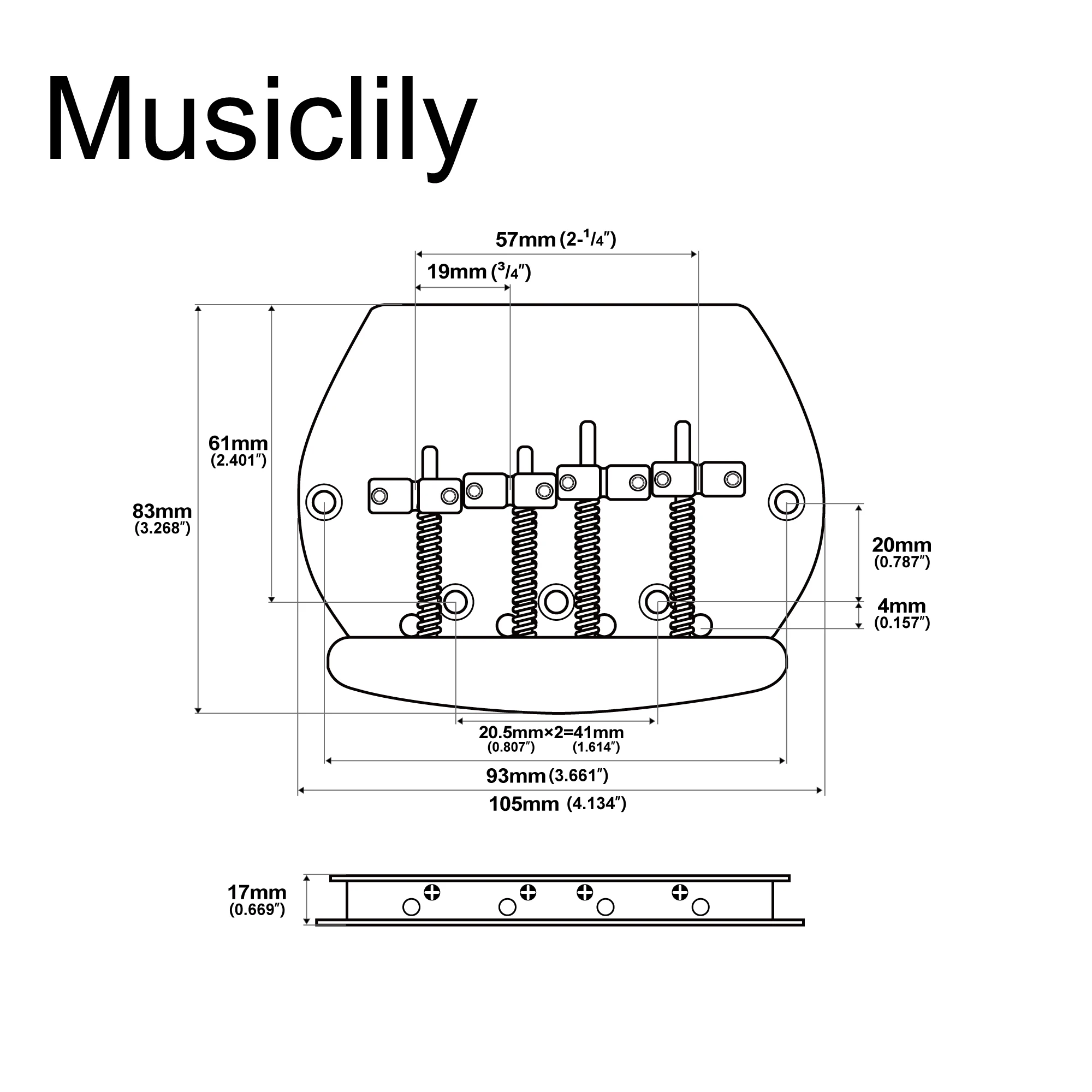 Musiclily Pro 57mm(2-1/4 inch) Dual Load 4-String Bass Bridge for Music Man Style Bass