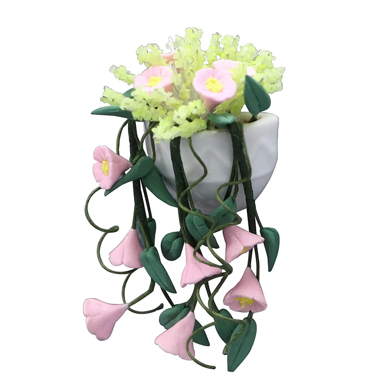 

2picecs1:12 Scale Dollhouse Miniature Wall-Mounted White Pot Hanging Basket - Green Plant Decor, Micro Scene Furniture Accessory