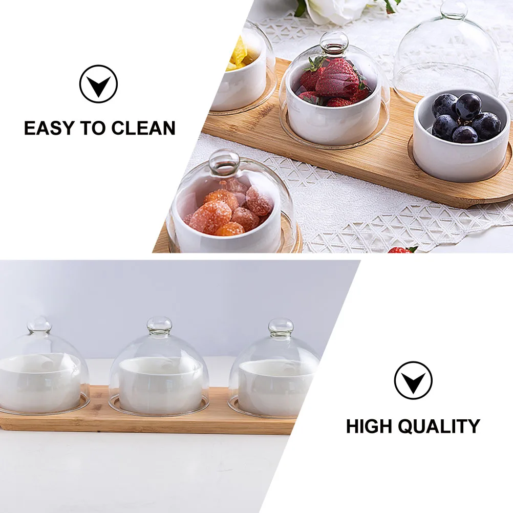 

1Set Premium Wooden Tray with Glass Cover and Ceramic Bowls for Dessert Pudding Fruit Salad Serving Set Natural Hardwood Food