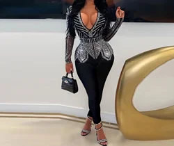 Women's Jumpsuits 2023 New Fashion Sexy Slim Hot Diamond V-neck Black Rhinestone Long Pants Rompers Nightclub Outfits Clubwear