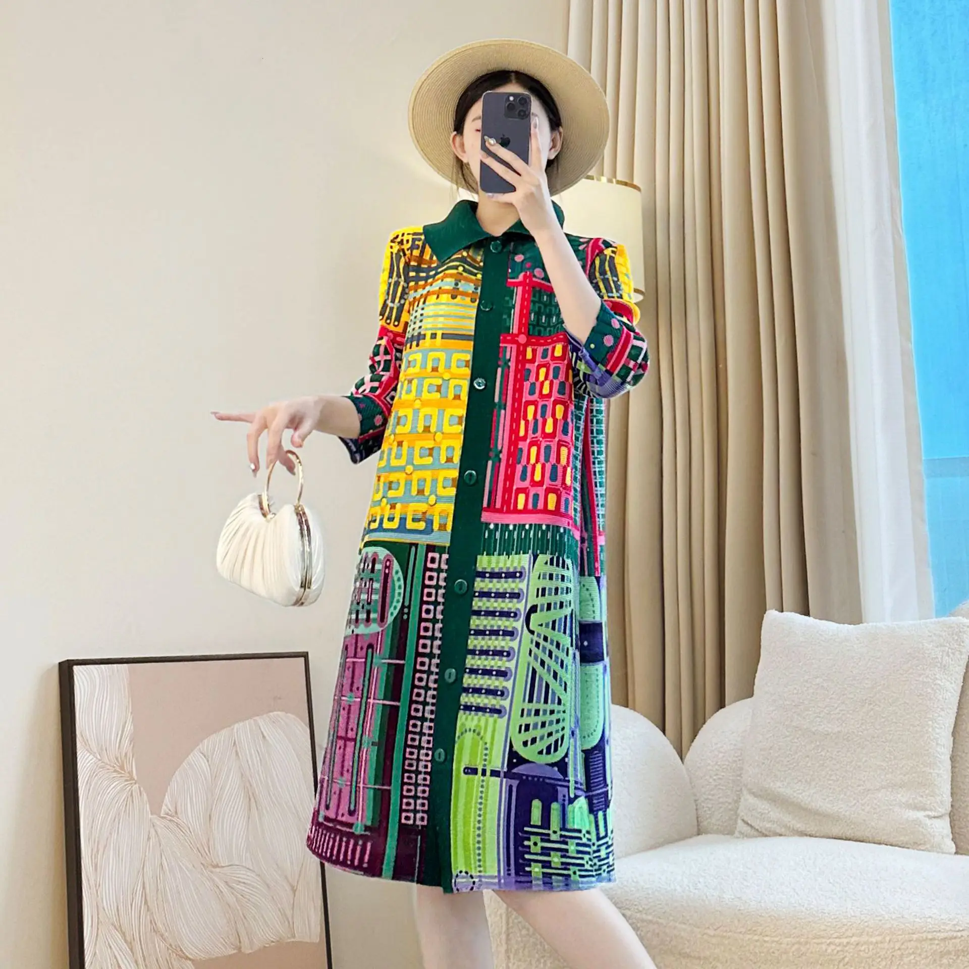 

Miyake New Loose Color Block Printting Women's Pleated Dress Turn-Down Collar Single Breasted Loose Cardigan Dresses