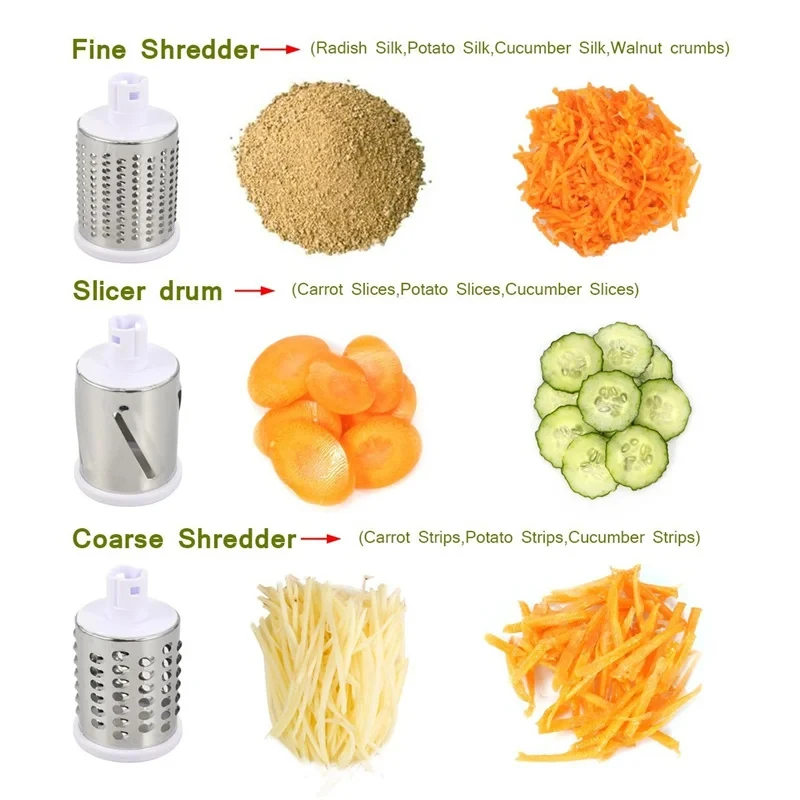 K82 Manual Rotary Vegetable Slicer Cutter Kitchen Vegetable Cheese Grater Chopper with 3 Sharp Stainless Steel Drums KC0082