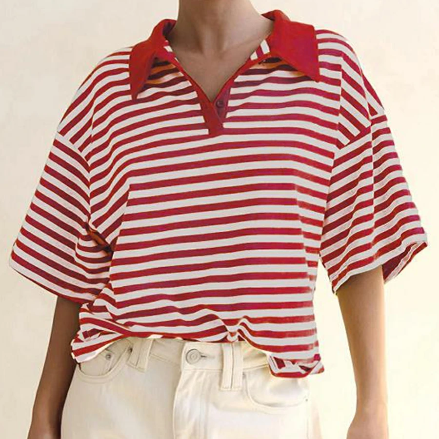 여성용 초콜릿 브라운 칼라 옐로우 스트라이프 반팔 셔츠 캐주얼 경량 티셔츠 스타일리시 버튼 다운 셔츠