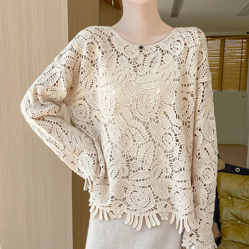 

Round Neck Hollow Hook Flower Out 100% Wool Sweater Women's Base Knitted Long Sleeved Lazy Style Loose Sweater