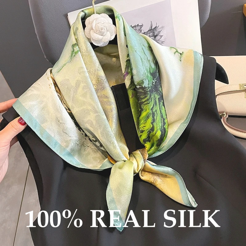 

100% Natural Real Silk Scarf Women Print Neck Hairband Shawl Neckerchief Female Headband Bandana 65cm Square Scarves Wrap Hijab