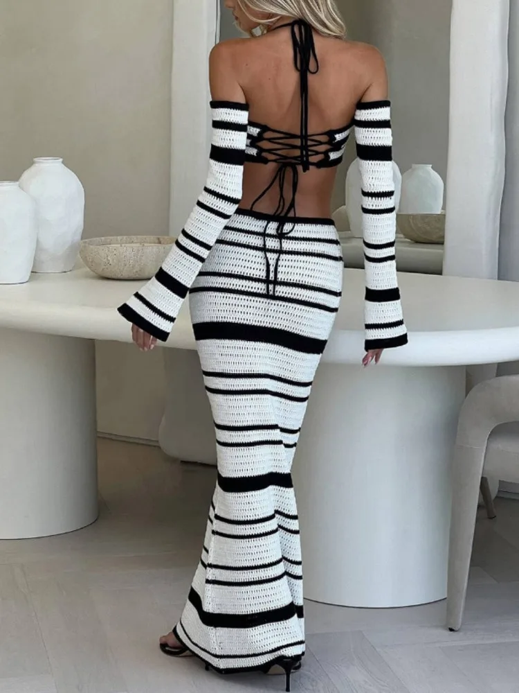 Elegant Knitted Beach Skirts Sets Women Holidays Outfits Bohemia Striped Two Piece Sets Summer Long Party Beachwear 2024