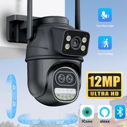 6MP WiFi Camera ICsee Outdoor 12MP 8X Zoom Three Lens Dual Screens CCTV Video Cam Auto Tracking Security Protection Surveillance