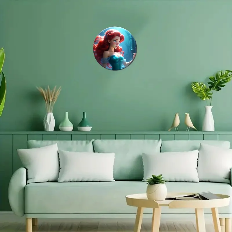1 قطعة ديزني ارييل الأميرة خمر نمط 20.32x20.32 سم جولة الحديد جدار شنقا علامة الزخرفية ، ديكور مكتب متعدد الأغراض ، مثالية