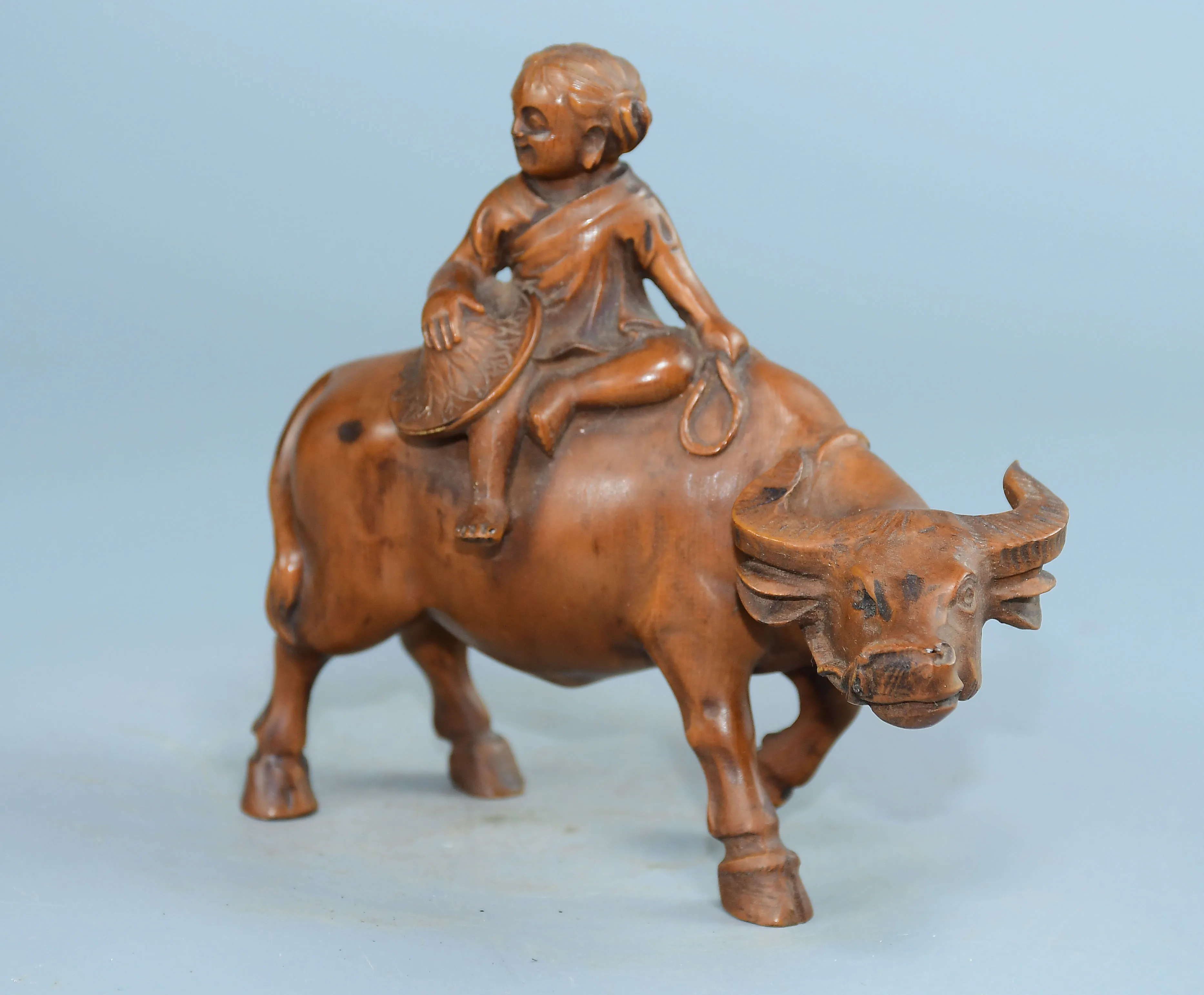 Tibetan Temple Collection Old Boxwood The statue of a boy herding cattle Childlike Delight Bull statue Amass wealth Ornaments