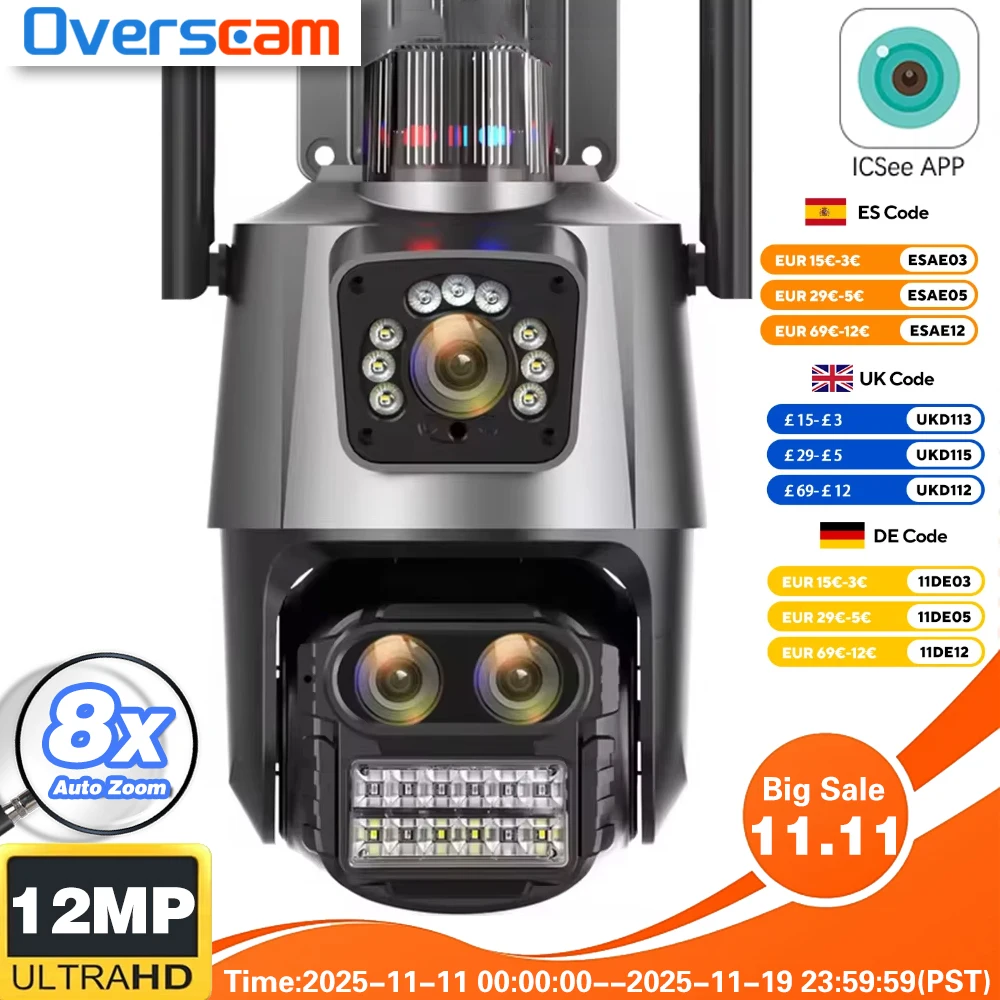 كاميرا IP واي فاي 12 ميجابكسل 6K خارجية بثلاث عدسات شاشات مزدوجة 8X PTZ تكبير فيديو مسار تلقائي حماية أمنية مراقبة Onvif ICSEE #1