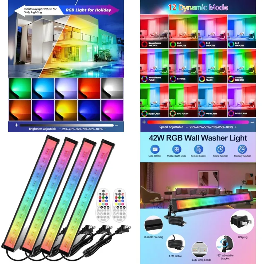 

42W RGBW Wall Washer Light, 3350lm, IP66 Waterproof Wash Light Bar with Remote, Color Changing Wash Flood Strip Lighting for St