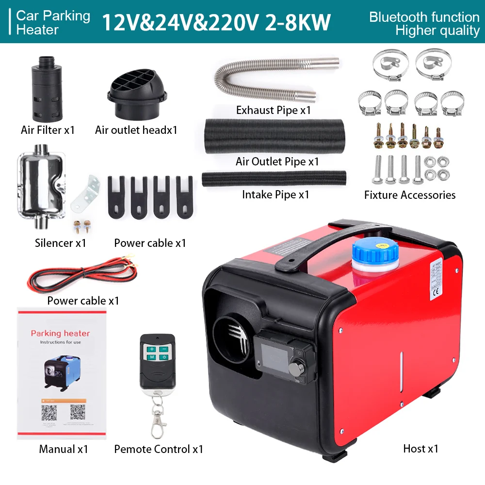 2-8KW 12V/24V/220V Bluetooth Portable All In One Diesel Air Heater  Singel Hole Outlet plastic Air Heater For Motor Trucks