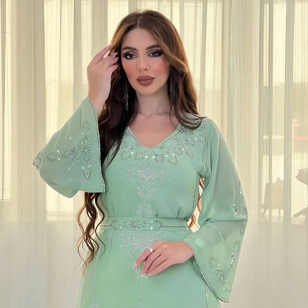 

Modest Muslim Women Dress Morocco Caftan Chiffon Diamond Abaya V Neck Long Sleeve Loose Belted Arab Dubai Caftan Marocain Eid