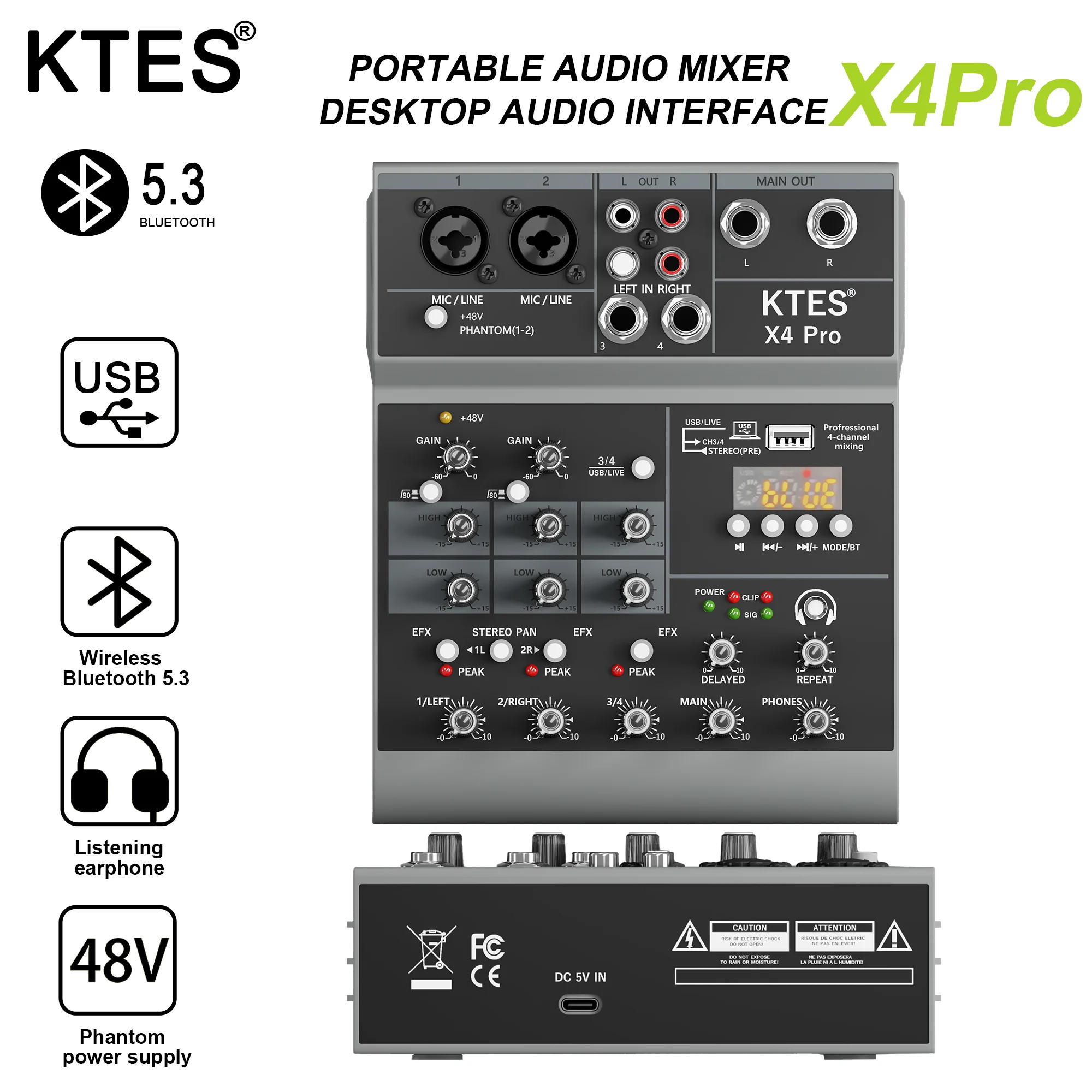 

Мини-4-канальный аудиомикшер с USB-аудиоинтерфейсом и Bluetooth для прямых трансляций, записи подкастов и домашней студии