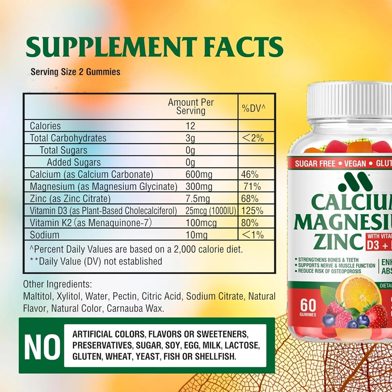 Calcium magnesium zinc gummies contain vitamins D3 and K2- efficiently enhance absorption - orange and berry flavored 60 gummies