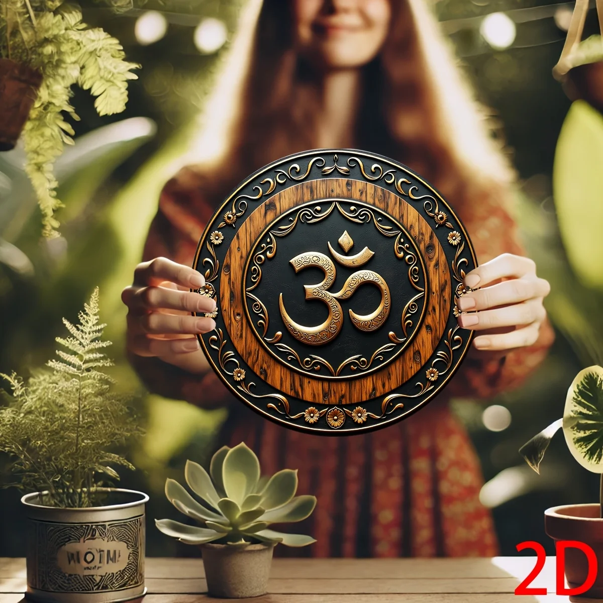 2D Flat, 1pc Bohemian Style Om Symbol Metal Plaque - Vintage Round Iron Wall Art with Intricate Floral & Swirl Design, 7.87x7.87