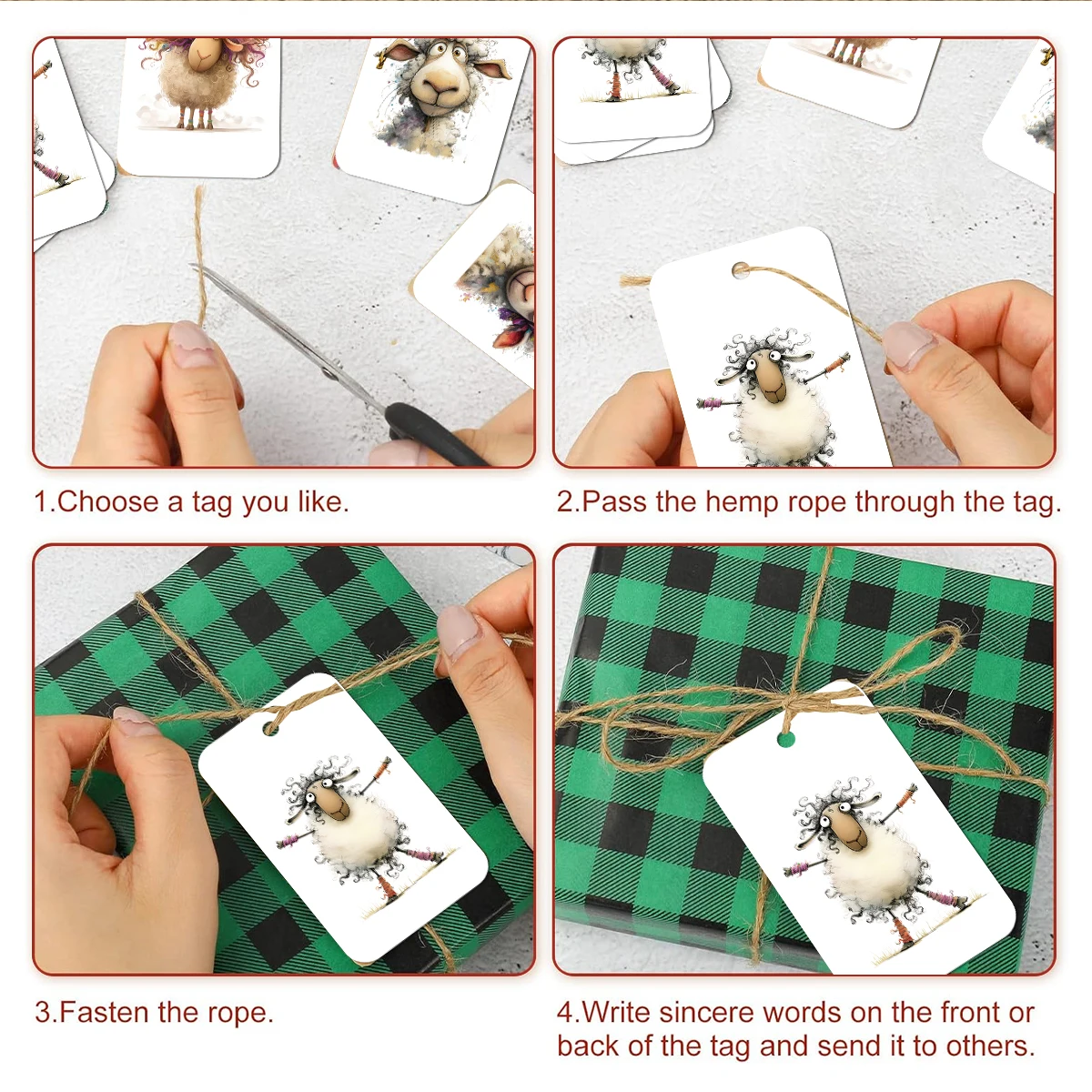 50 Stück niedliche, handgefertigte Anhänger mit Schaf- und Ziegenmotiv zum Verzieren von Geschenken, als Gastgeschenke für Hochzeiten und Geburtstage, für kleine Unternehmen und als Etiketten für Partys mit Tiermotiven. – Detail 5