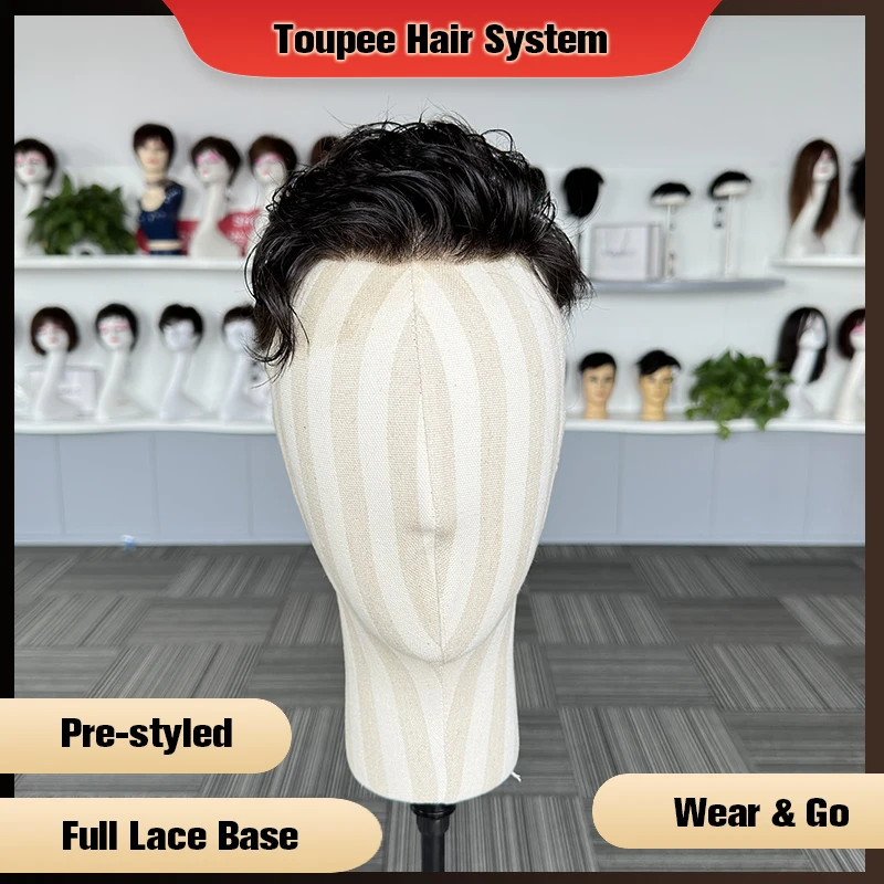 Pre Styled Full Lace Base Toupee For Men Breathable Male Prothesis Hairpieces Human Hair Replacement Systems Unit Men\'s Wig