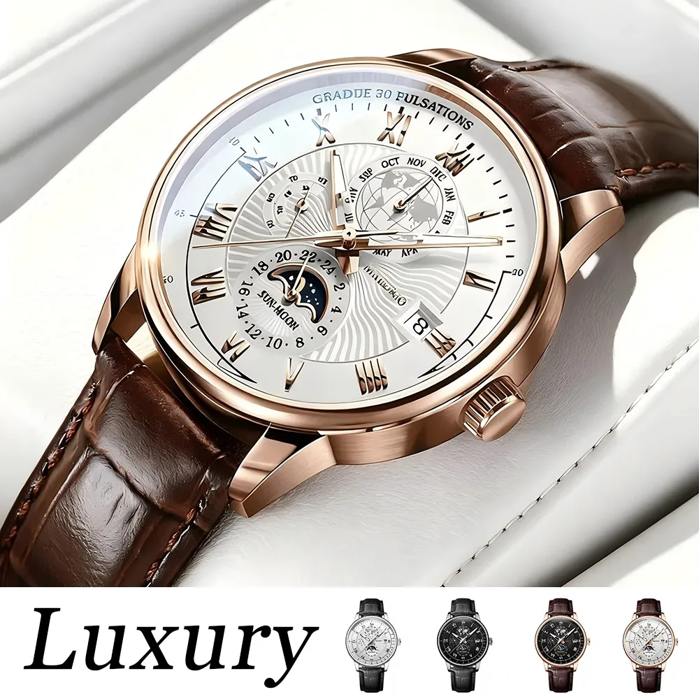 

Luxury Brand Quartz Watch for Men Trendy High End Light Versatile Watch Leather Strap Fake Three Eye Fashion Business Wristwatch