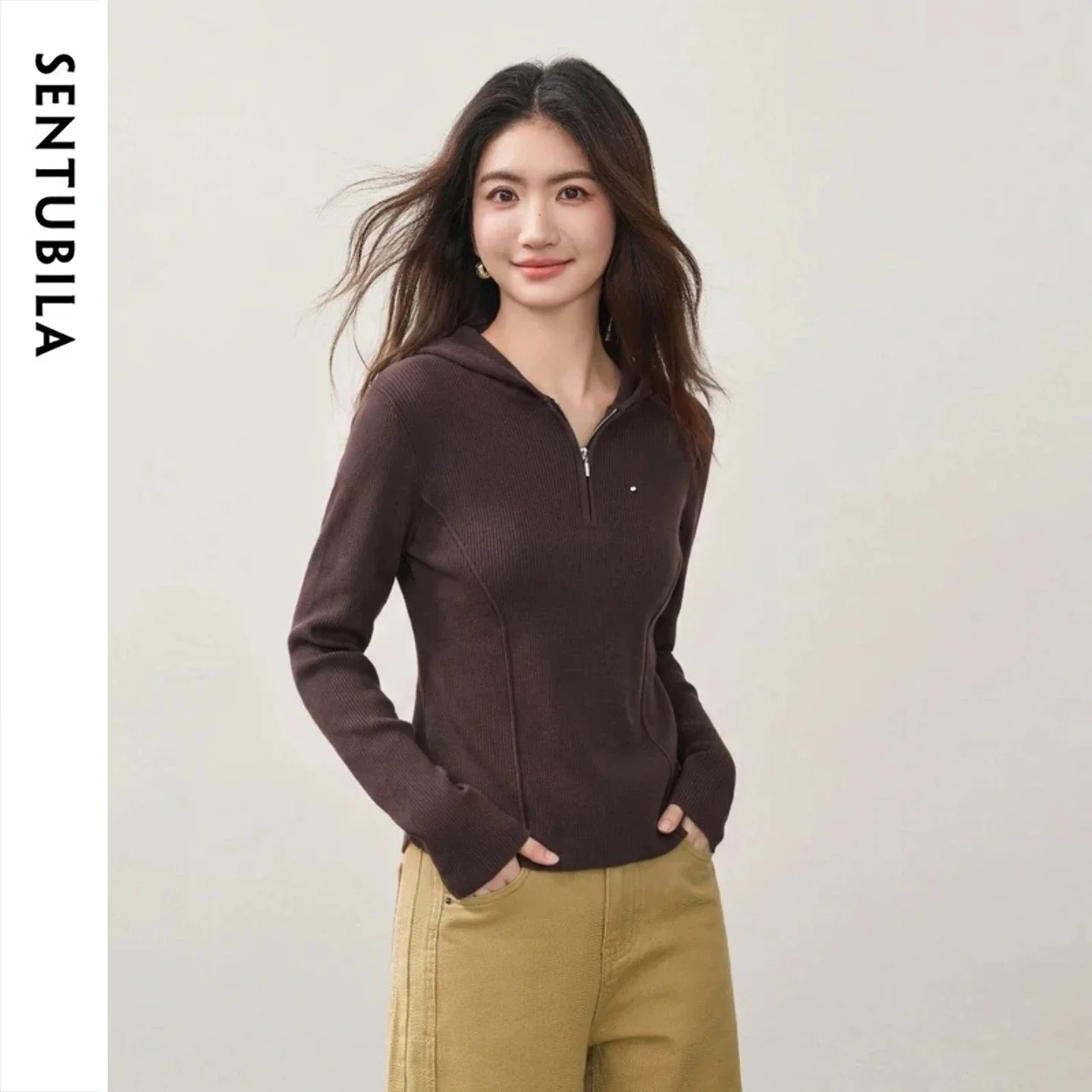 SENTUBILA Women Wool Blend Hooded Half‑Zip Knit Pullover 2026 Autumn Simple Casual Commuter Slim Long Sleeve Sweaters W63HK8242