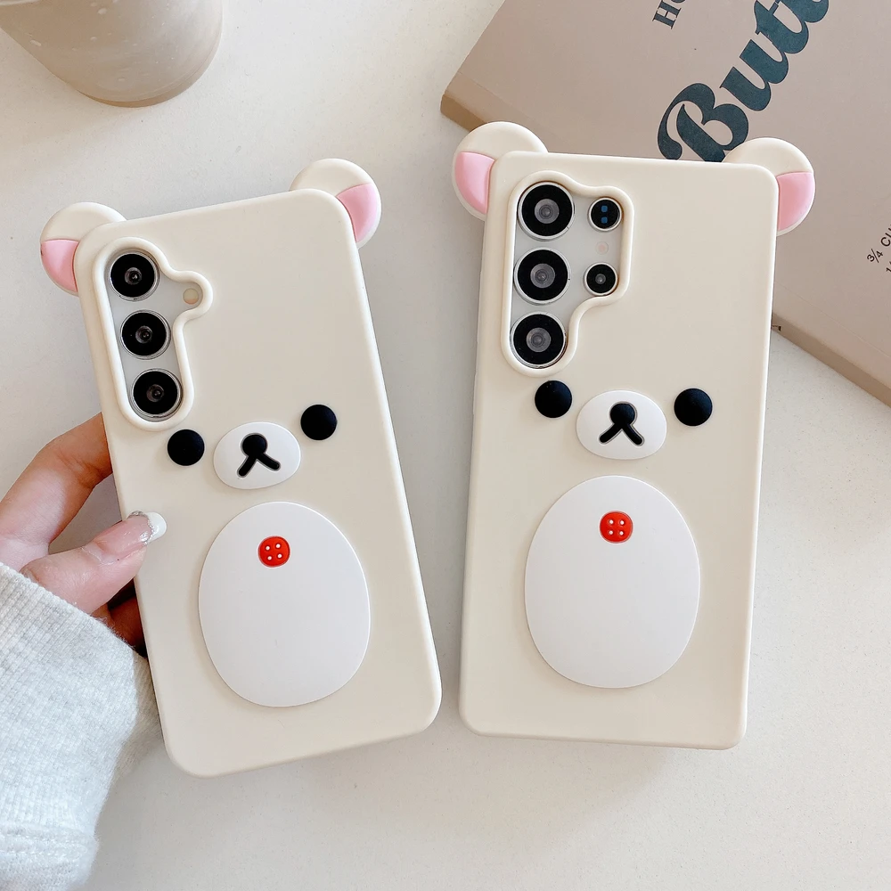 Niedliche Cartoon-3D-Rilakkuma-Bär-Handyhülle für Samsung Galaxy S25 24 Ultra Puls, weiche, stoßfeste Silikon-Schutzhülle