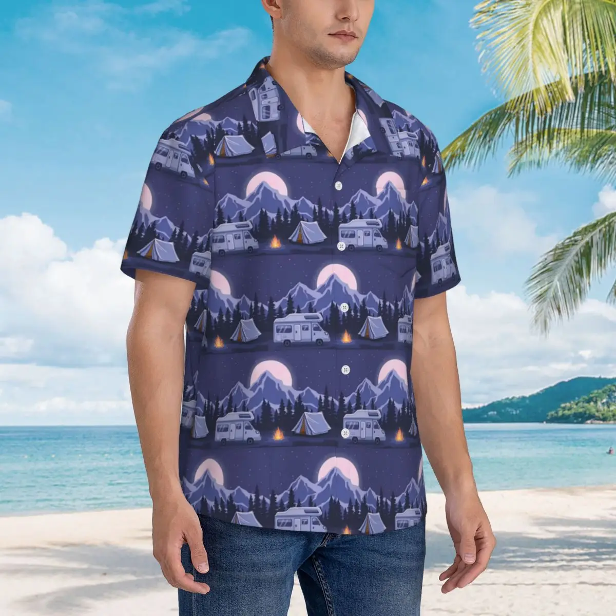 

Happy Campers Hawaiian Shirts Casual Men Short Sleeve Shirt for Summer Beach Men's Lapel Tops