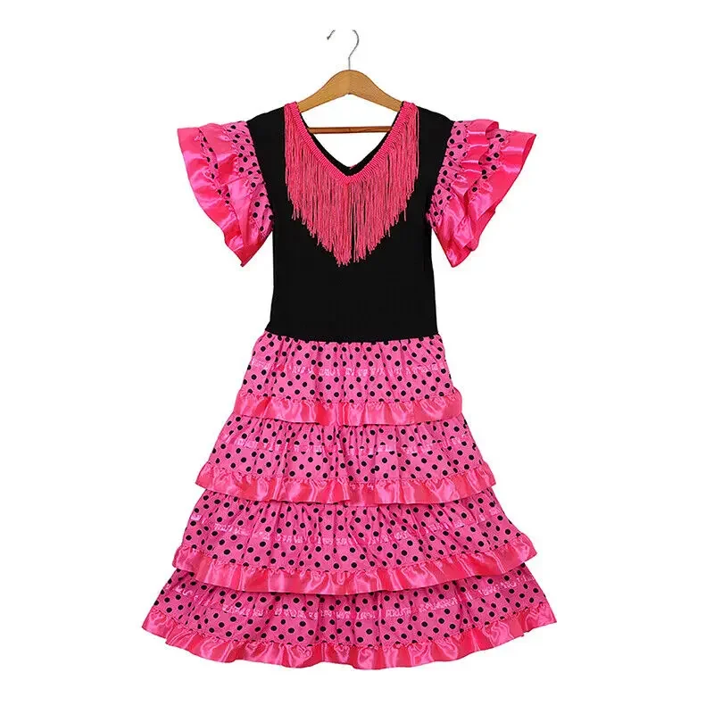 Spanisches Flamenco-Tanzkleid im mexikanischen Stil für Mädchen, 1–13 Jahre, schulterfreies Rüschen-Satin-Performance-Outfit