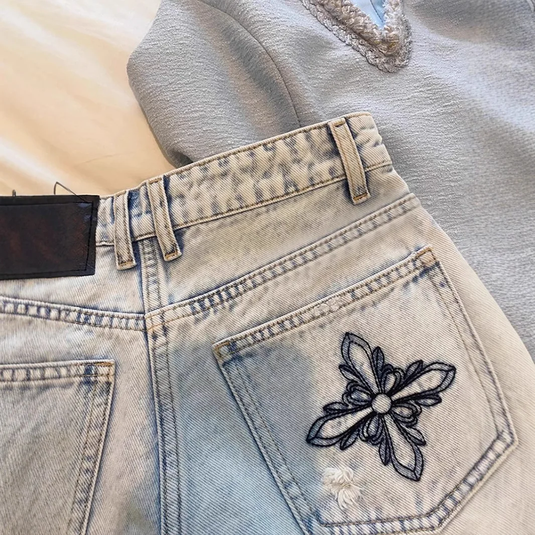 2026 Summer Vintage Washed Emb - Shorts Denim Frayed ulasan dan harga