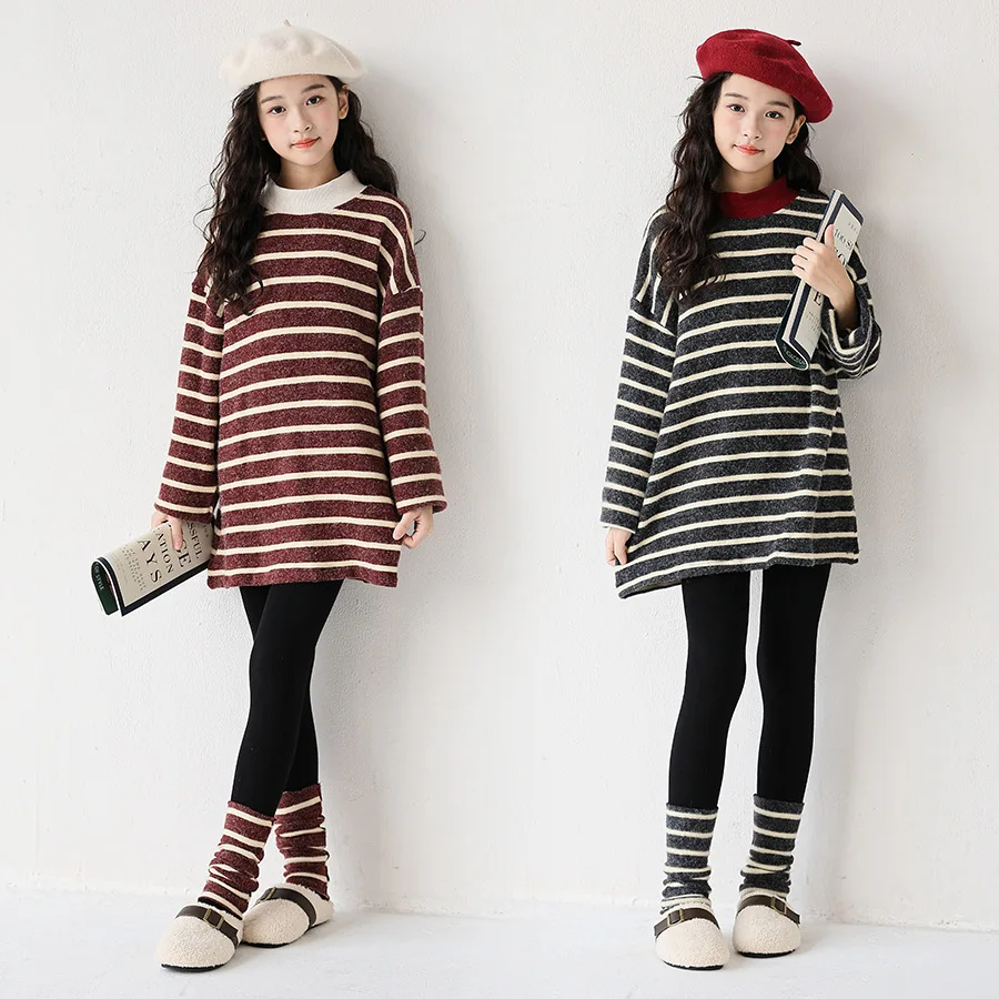 ملابس الفتيات لخريف وشتاء 2025 مخططة مخططة بأكمام طويلة تي شيرت دافئ فستان مراهق للأطفال فضفاض 4 6 7 8 9 10 11 12 سنة كوريا #1