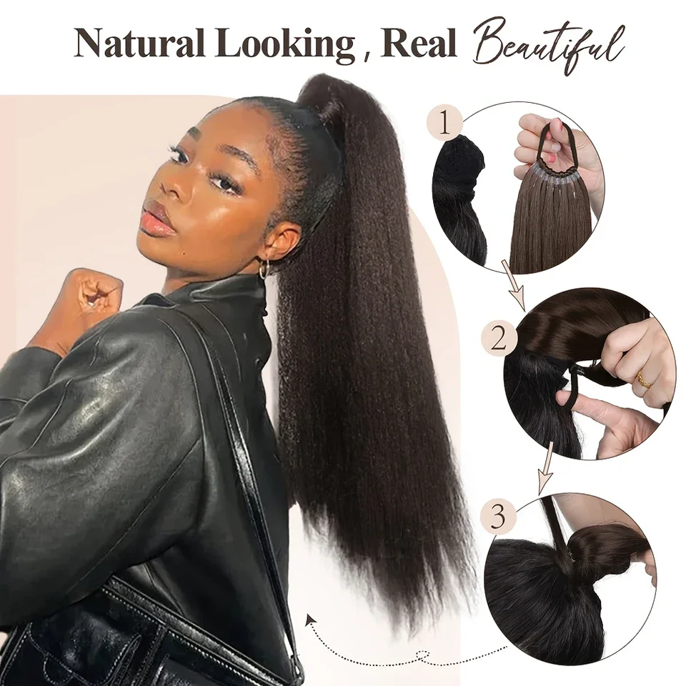 Extensiones de cola de caballo sintética de 24 pulgadas, postizo de cola de caballo trenzado Natural negro, banda de goma larga y recta para mujer